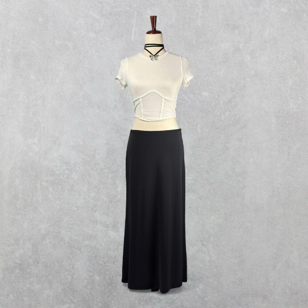 Vintage 90s Ann Taylor Petites Black Midi Slinky Alt Goth Skirt